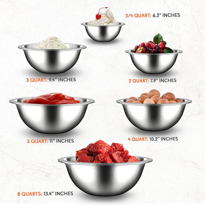 NutriChef 6 Piece Stainless Steel Home Kitchen Mixing Serving Bowl Set (4 Pack)