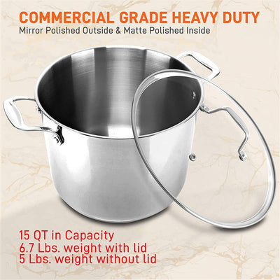 NutriChef Heavy Duty 15 Quart Stainless Steel Stock Pot with Handles and Lid