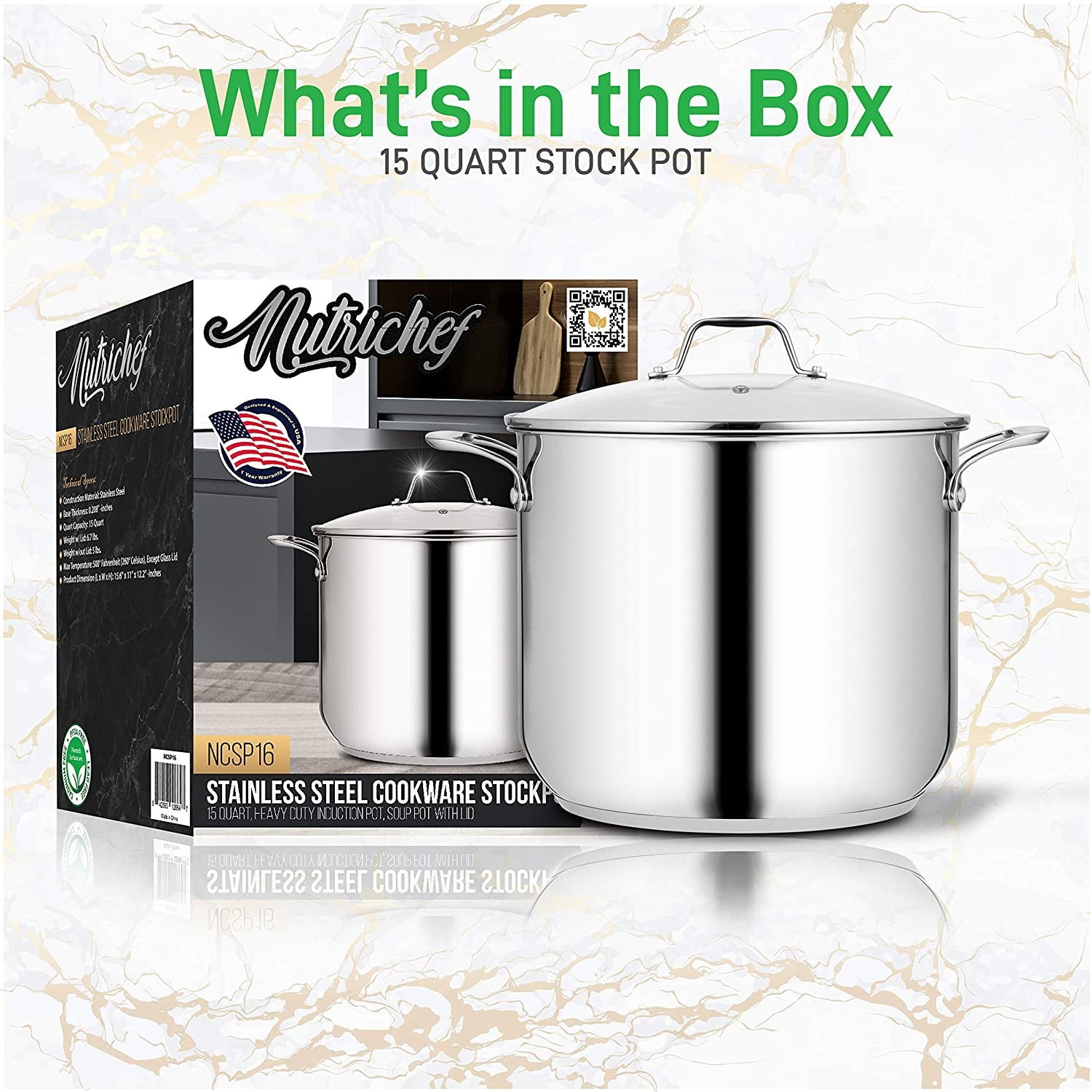 NutriChef Heavy Duty 15 Quart Stainless Steel Stock Pot with Handles and Lid