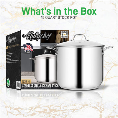 NutriChef Heavy Duty 15 Quart Stainless Steel Stock Pot with Handles and Lid