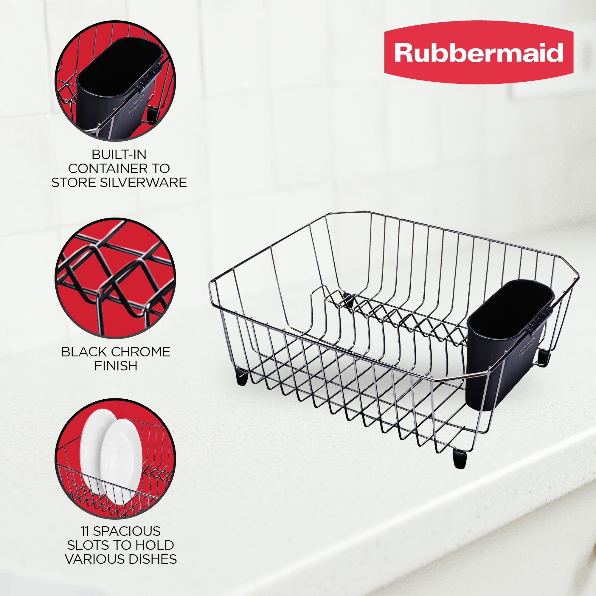 Rubbermaid Home Kitchen Gadget Twin Sink 11 Slot Dish Rack Drainer, Black Chrome - VMInnovations