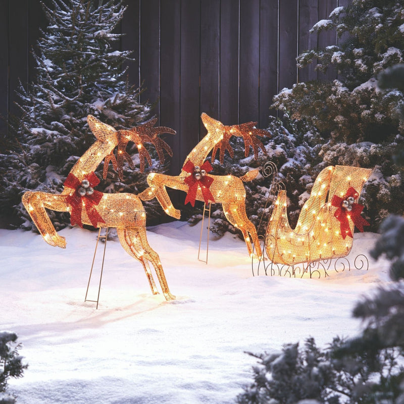 Noma Light Up Golden Reindeer and Sleigh Holiday Decoration Set (Open Box)