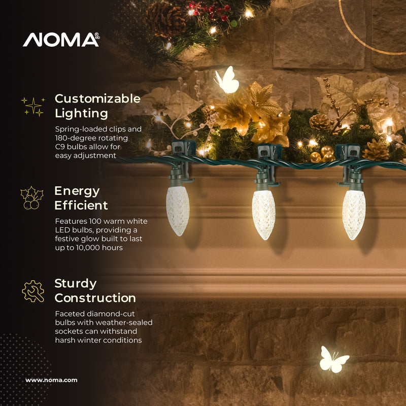 NOMA Quick Clip C9 LED 100 Bulbs Christmas String Lights, White Bulbs (3 Pack)