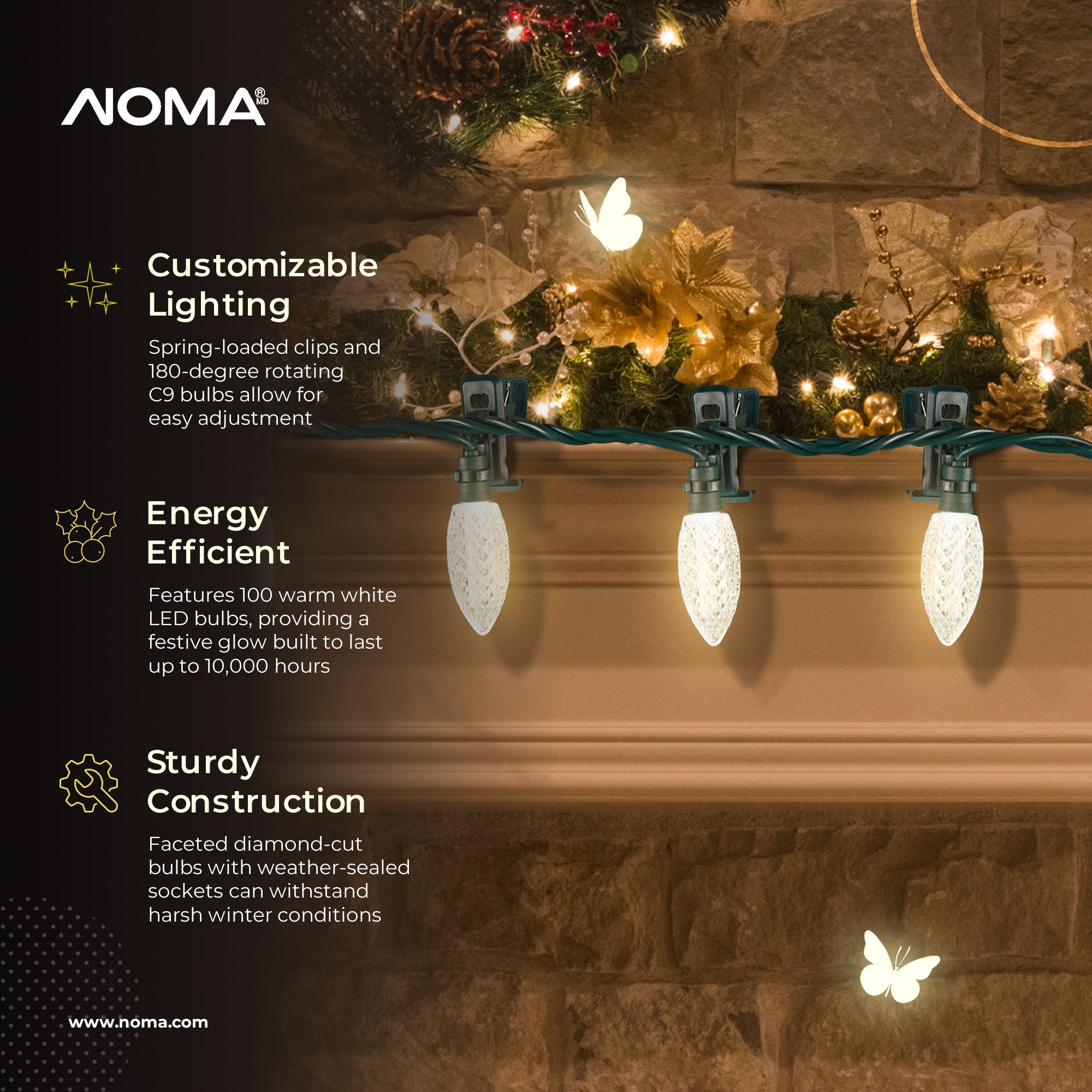 Noma Quick Clip C9 LED Christmas String Lights, 66.8 Foot, 100 Warm White Bulbs (Refurbished)