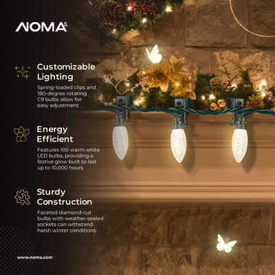 Noma Quick Clip C9 LED Christmas String Lights, 66.8 Foot, 100 Warm White Bulbs (Refurbished)