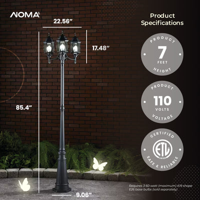 NOMA Nobela Triple Head Lamp Post 7' Tall All Weather Classic Decor Light, Black