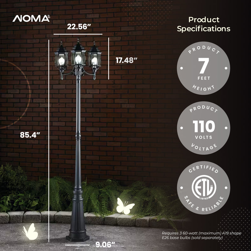 Noma Triple-Head Weather Resistant Lamp Post Lantern w/Glass, Black (Open Box)