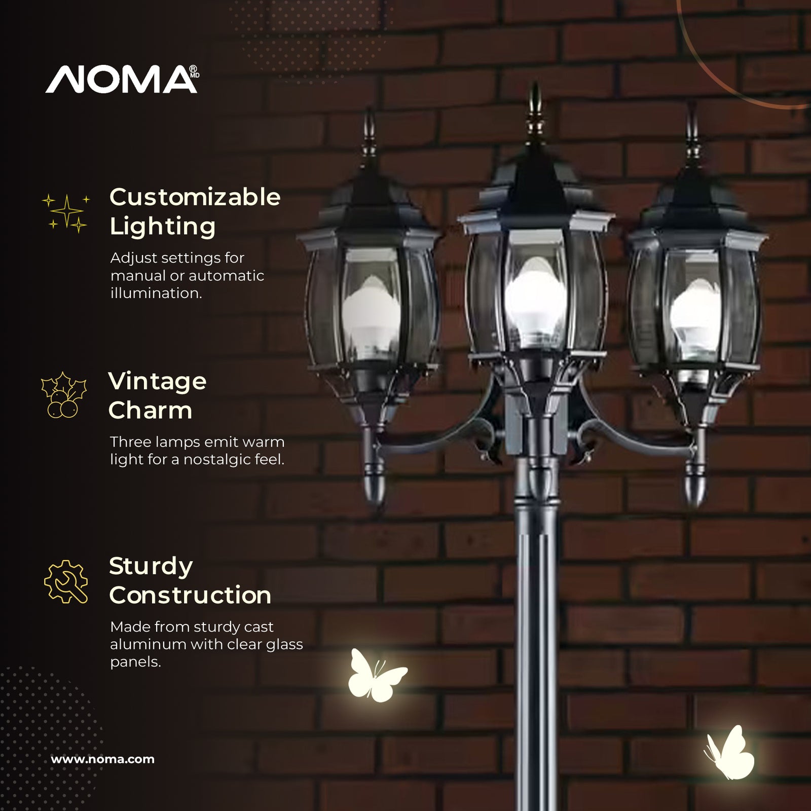 NOMA 7' Outdoor Lamp Post Triple Head All Weather Classic Decor Light, Black - VMInnovations