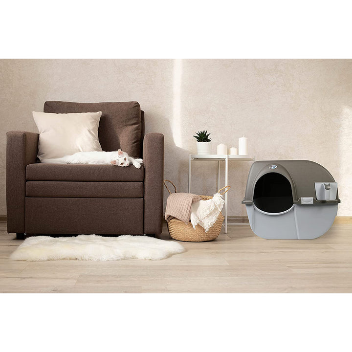 Omega Paw Roll 'n Clean Self Cleaning Litter Box for Regular Sized Cats, Grey