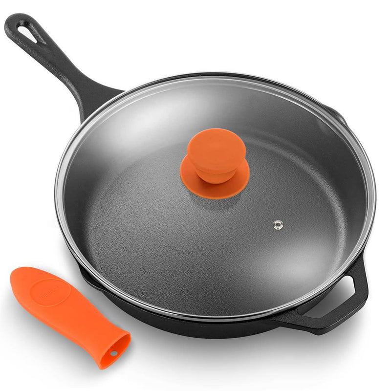 NutriChef 10 Inch Pre Seasoned Cast Iron Pan Set Lid & Handle Cover (Open Box)