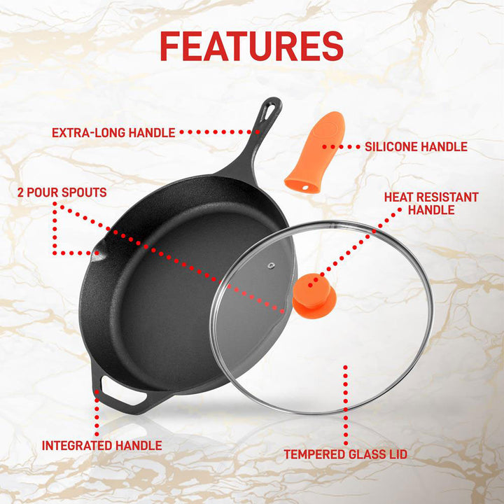 NutriChef 10 Inch Seasoned Non Stick Cast Iron Frying Pan Set w/ Lid (2 Pack)