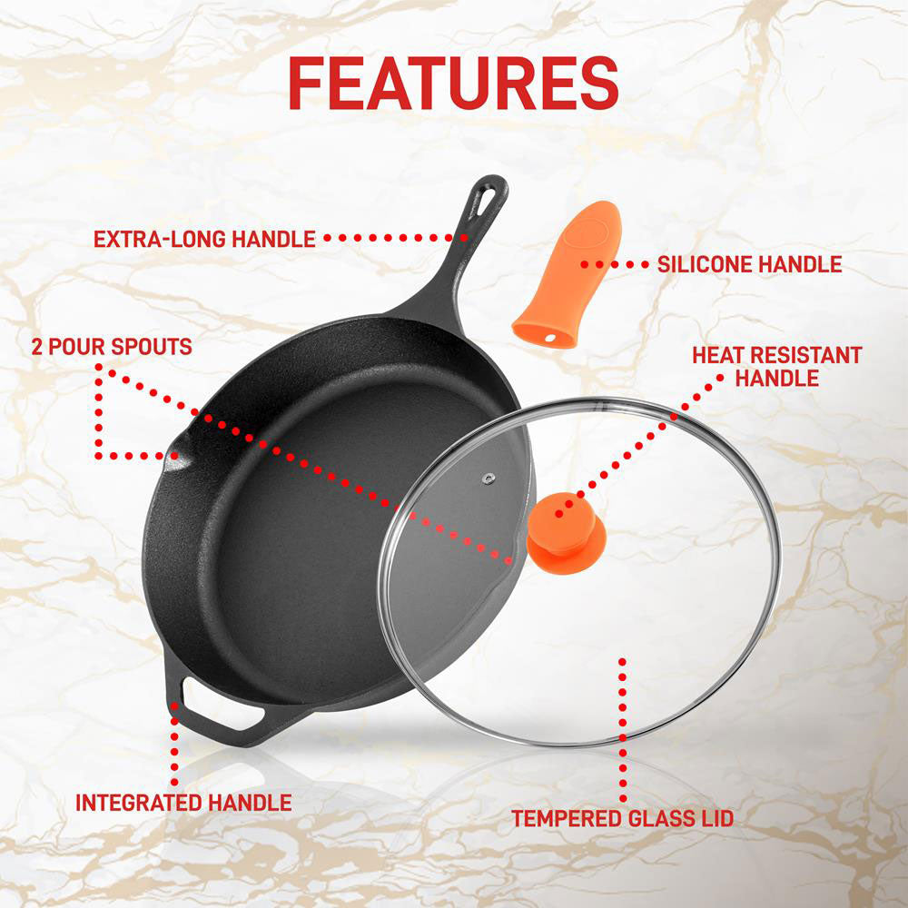 NutriChef 10" Pre Seasoned Nonstick Cast Iron Frying Pan with Lid & Handle Cover