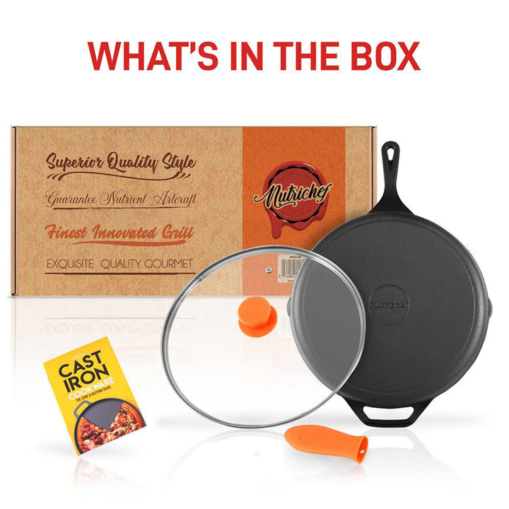 NutriChef 10 Inch Pre Seasoned Cast Iron Pan Set Lid & Handle Cover (Open Box) - VMInnovations