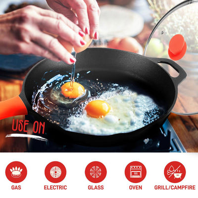 NutriChef 12" Pre Seasoned Cast Iron Frying Pan w/ Lid & Handle Cover (Open Box) - VMInnovations