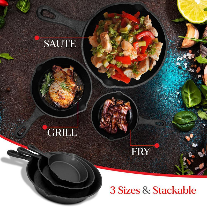 NutriChef Nonstick Cast Iron Skillet Kitchen Cookware Pan Set, 3 Pc (Open Box)