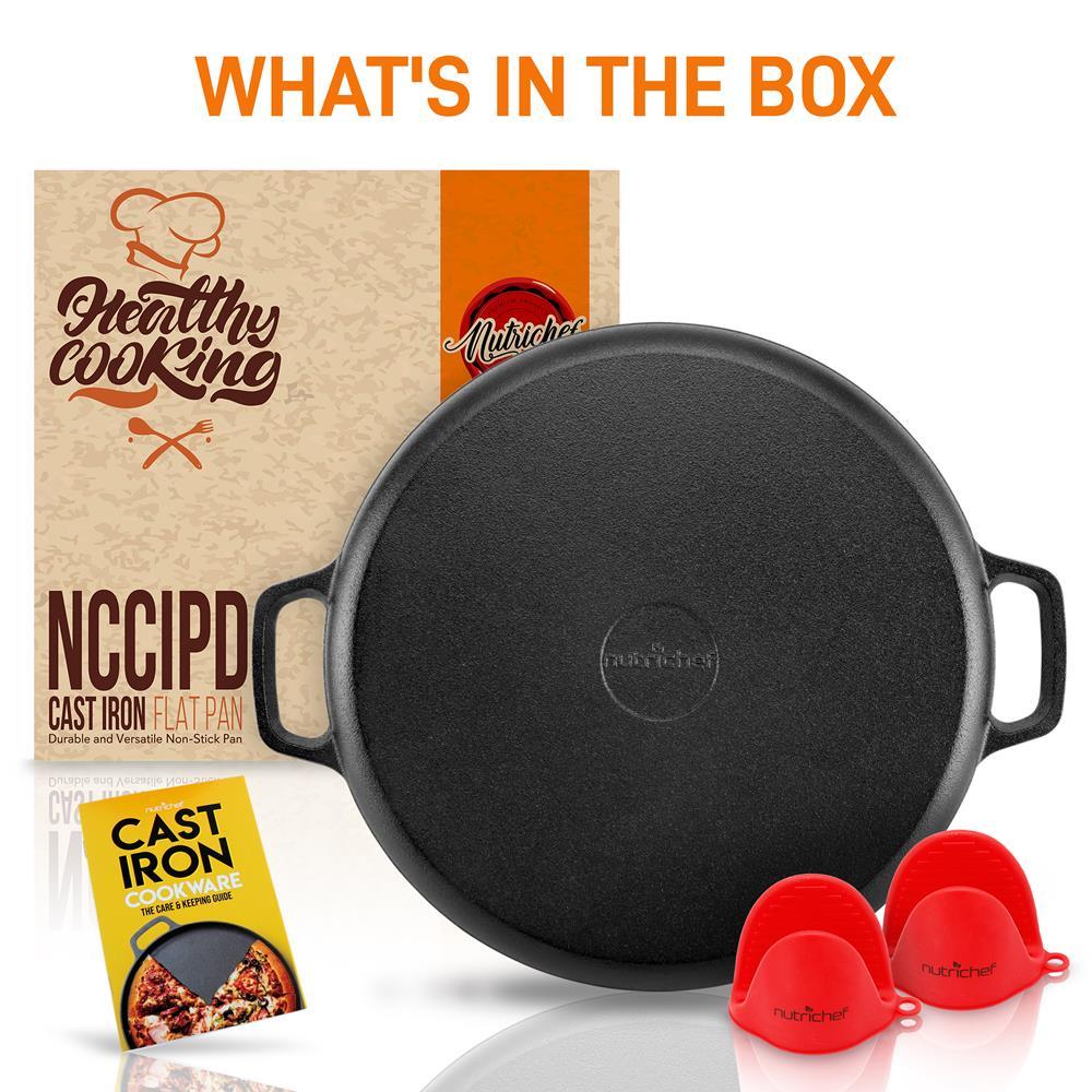 NutriChef Pre Seasoned Cast Iron Stir Fry Wok w/ Grill Plate & Pizza Baking Pan