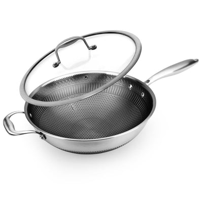 NutriChef 12" Stainless Steel Nonstick Cooking Wok Stir Fry Pan with Lid, Silver