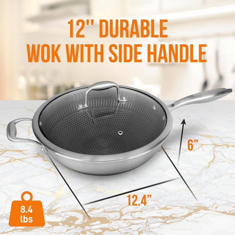 NutriChef 12" Stainless Steel Nonstick Cooking Wok Stir Fry Pan with Lid, Silver