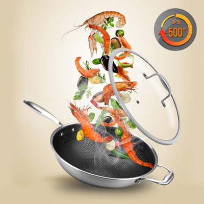 NutriChef 12" Stainless Steel Nonstick Cooking Wok Stir Fry Pan with Lid (Used) - VMInnovations