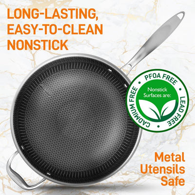 NutriChef 12" Stainless Steel Nonstick Cooking Wok Stir Fry Pan, Silver (2 Pack)
