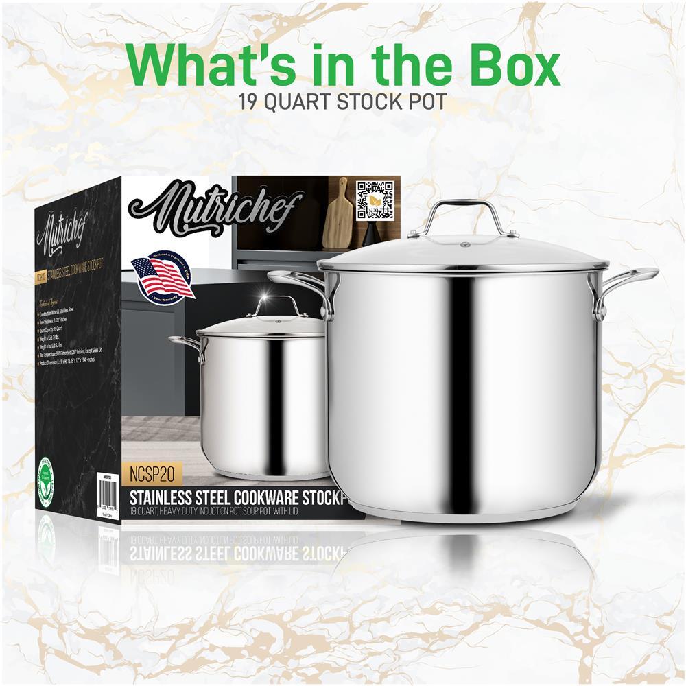 NutriChef Heavy Duty 19 Quart Stainless Steel Soup Stock Pot with Handles & Lid