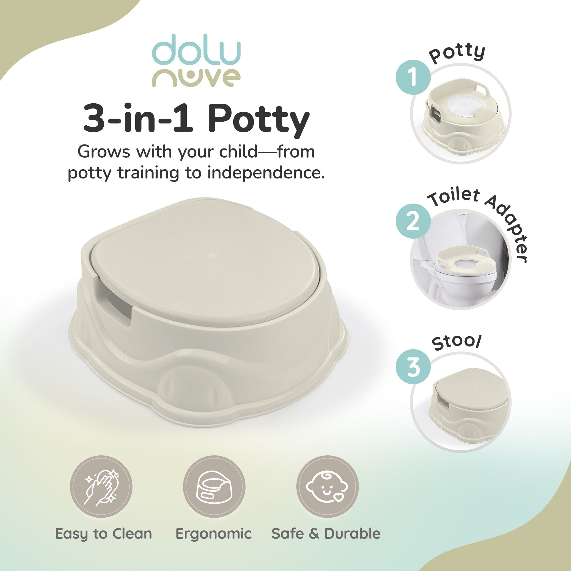 Dolu Nuve 3-in-1 Potty, Toilet Adapter, and Step Stool, Ergonomic Design, Beige (Open Box)