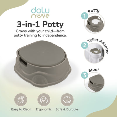 Dolu Nuve 3-in-1 Potty, Toilet Adapter, and Step Stool, Ergonomic Design, Grey - VMInnovations