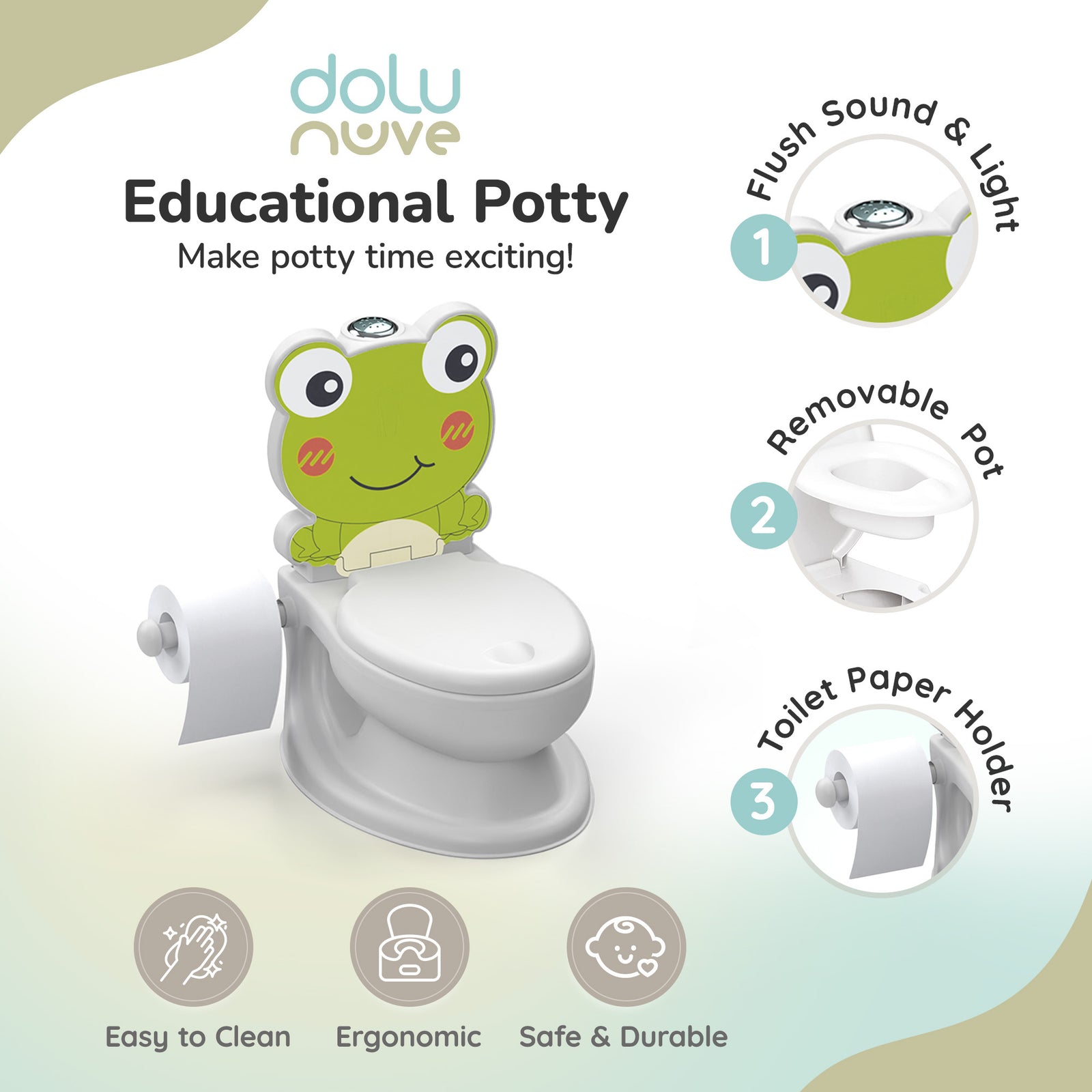 Dolu Nuve Frog Baby Toddler Potty Chair Light Sound Toilet Paper Holder, White - VMInnovations