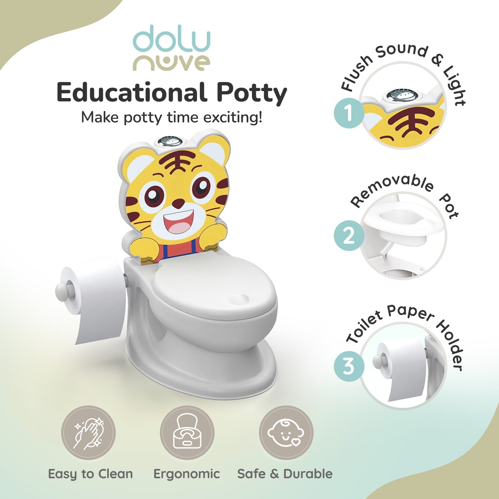 Dolu Nuve Tiger Baby Toddler Potty Chair Light Sound Toilet Paper Holder, White - VMInnovations