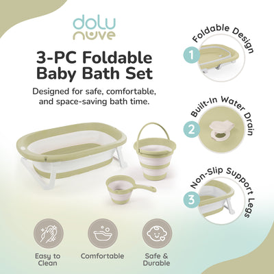 Dolu Nuve 3-Piece Foldable Baby Bath Set, Infant Tub, Bucket & Rinse Cup, Green - VMInnovations