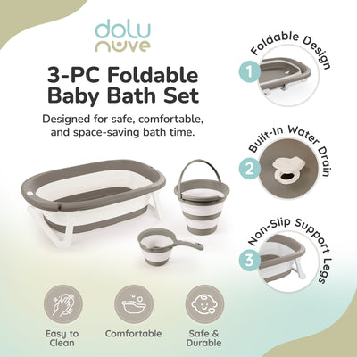Dolu Nuve 3-Piece Foldable Baby Bath Set, Infant Tub, Bucket & Rinse Cup, Grey - VMInnovations