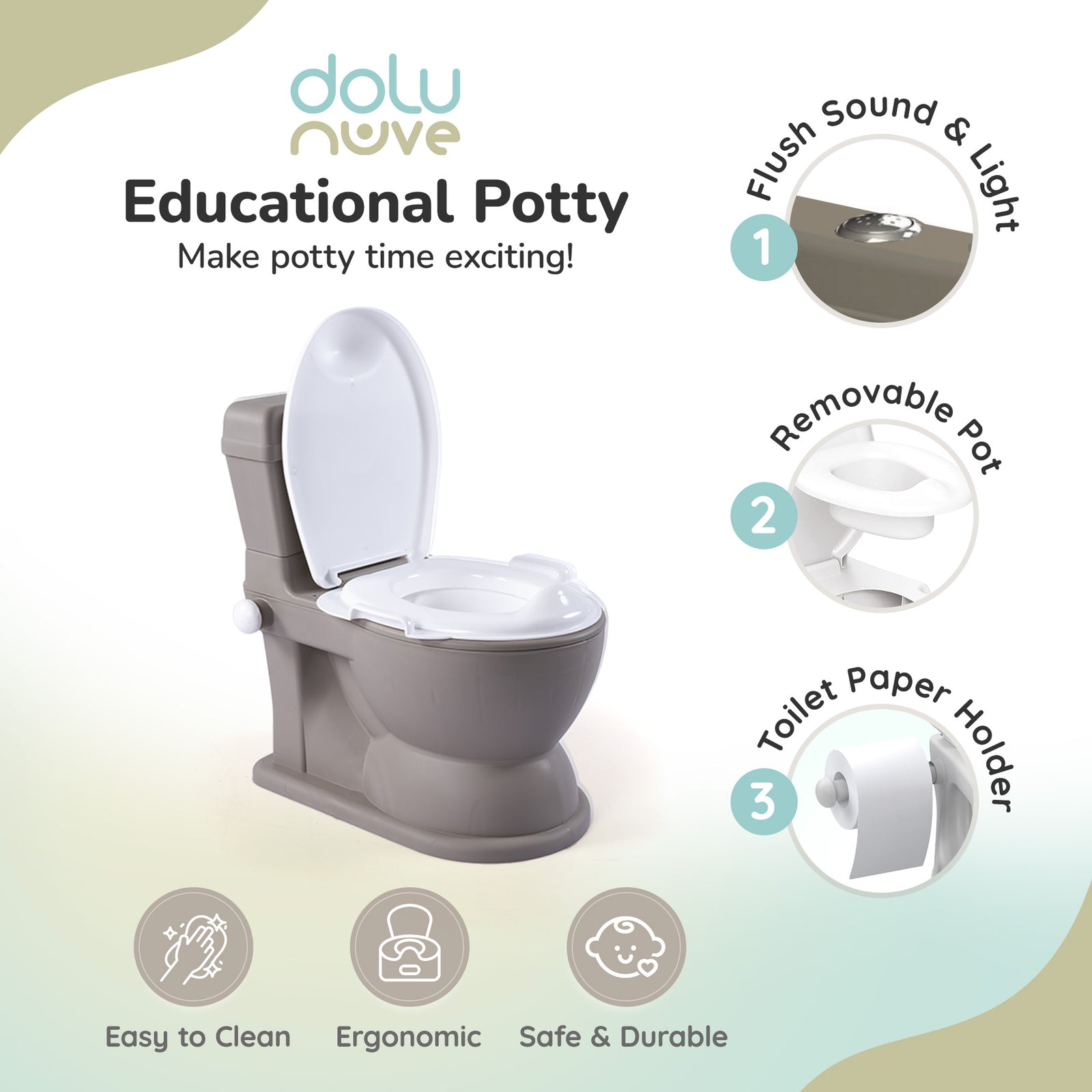 Dolu Nuve Educational XL Potty, Flip-Top Lid for Children 18 Months & Up, Grey - VMInnovations
