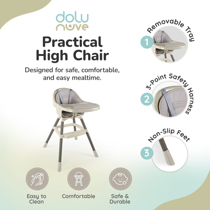 Dolu Nuve Deluxe High Chair for Babies 6+ Months w/ Removable Tray, Relax Beige - VMInnovations