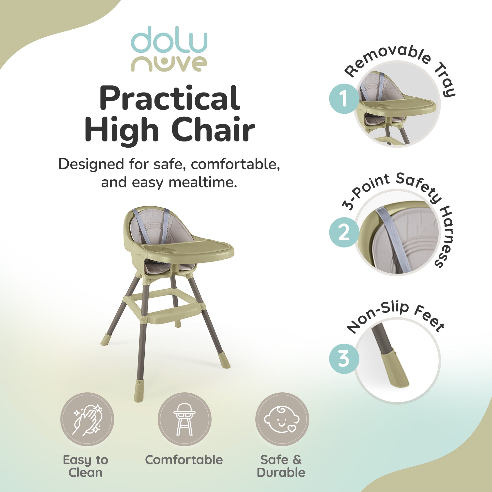 Dolu Nuve Deluxe High Chair for Babies 6+ Months w/ Removable Tray, Eco Green - VMInnovations