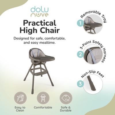 Dolu Nuve Deluxe High Chair for Babies 6+ Months with Removable Tray, Stone Grey - VMInnovations