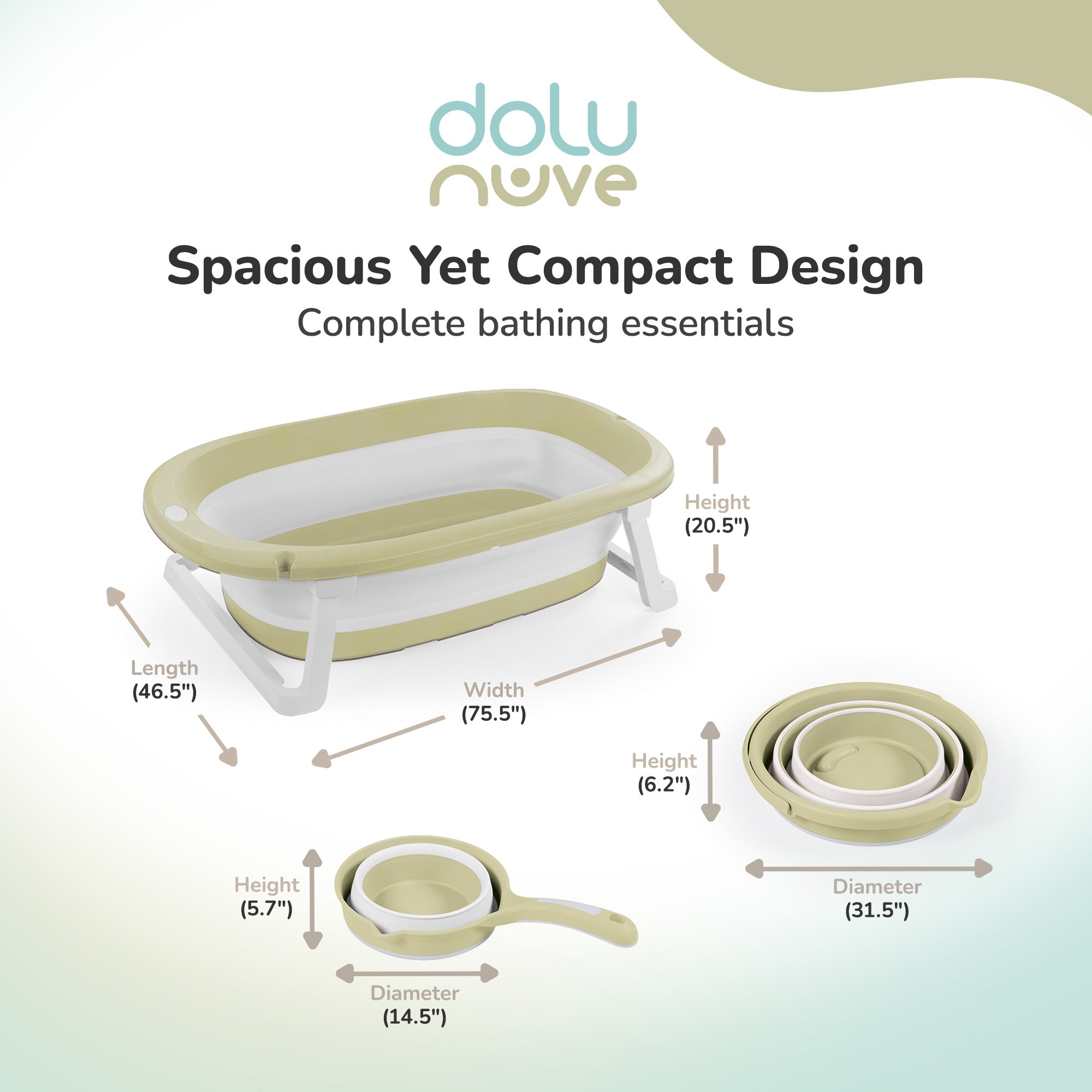 Dolu Nuve 3-Piece Foldable Baby Bath Set, Infant Tub, Bucket & Rinse Cup, Green - VMInnovations
