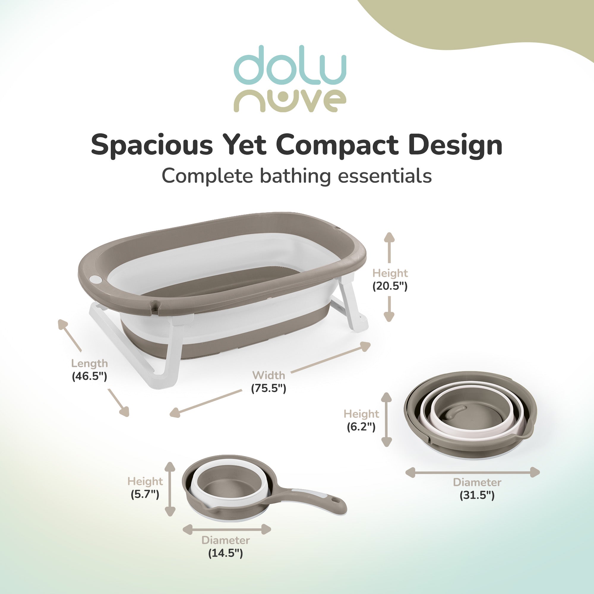 Dolu Nuve 3-Piece Foldable Baby Bath Set, Infant Tub, Bucket & Rinse Cup, Grey - VMInnovations