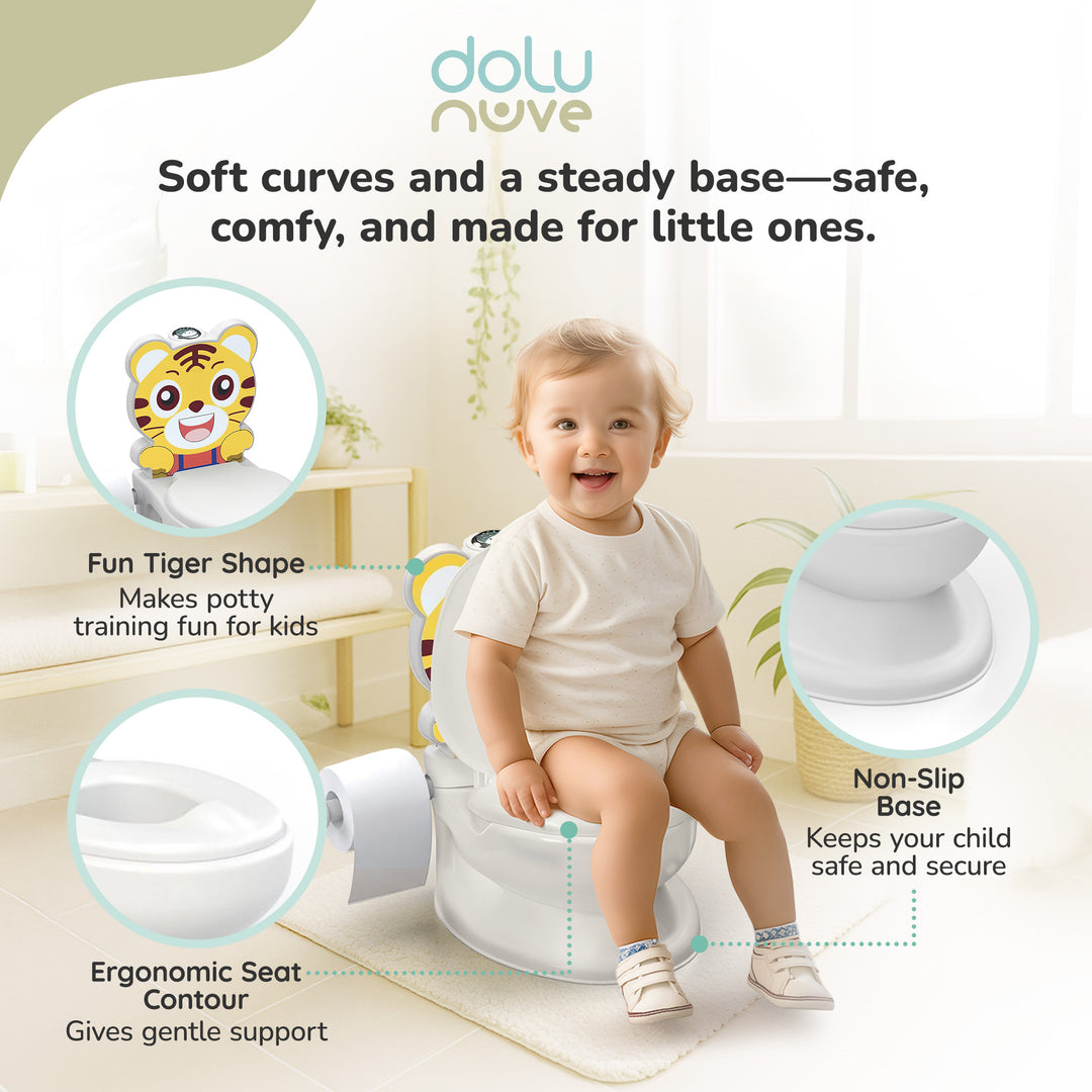 Dolu Nuve Tiger Baby Toddler Potty Chair Light Sound Toilet Paper Holder, White