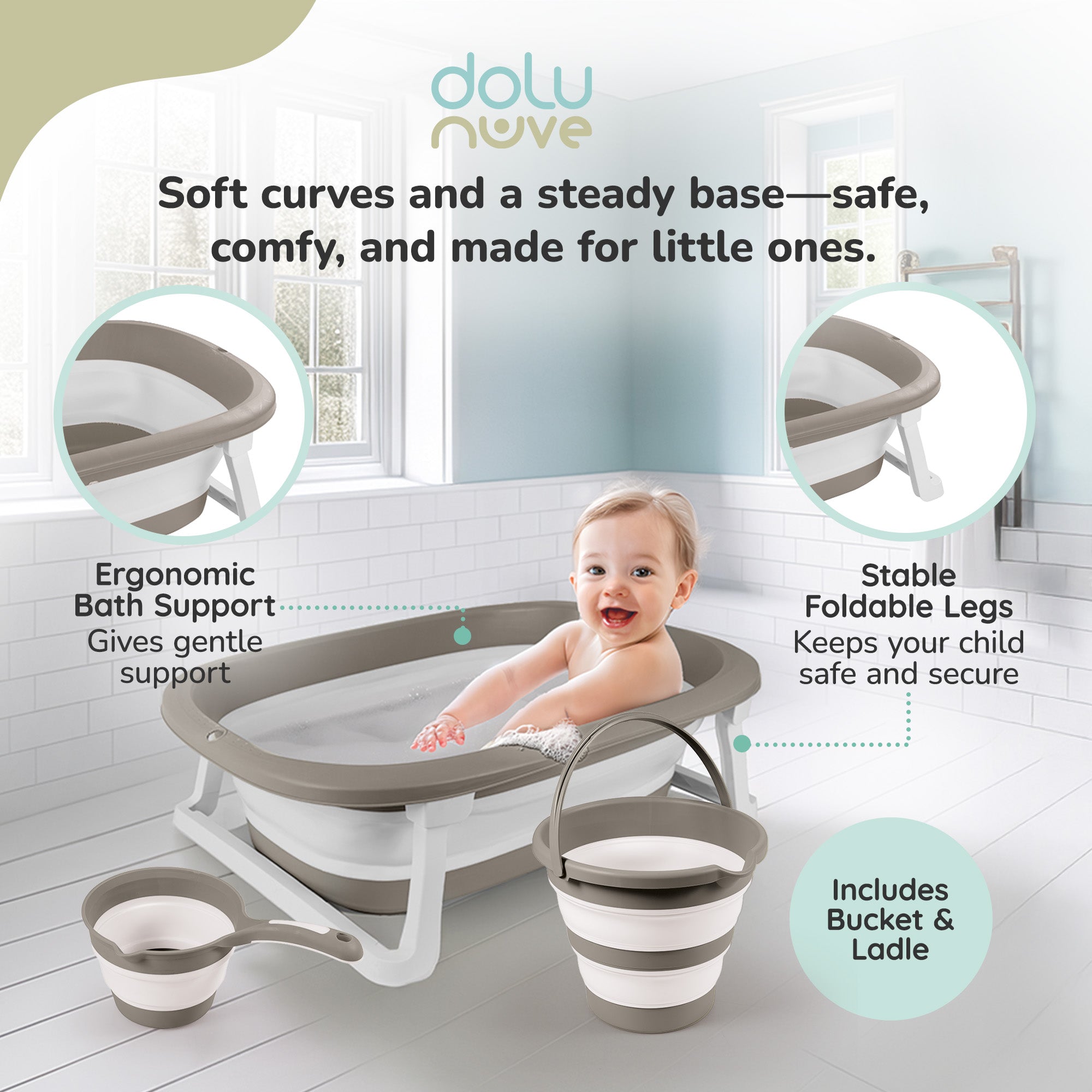 Dolu Nuve 3-Piece Foldable Baby Bath Set, Infant Tub, Bucket & Rinse Cup, Grey - VMInnovations