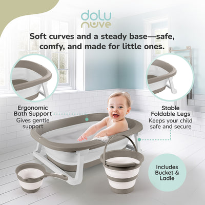 Dolu Nuve 3-Piece Foldable Baby Bath Set, Infant Tub, Bucket & Rinse Cup, Grey - VMInnovations