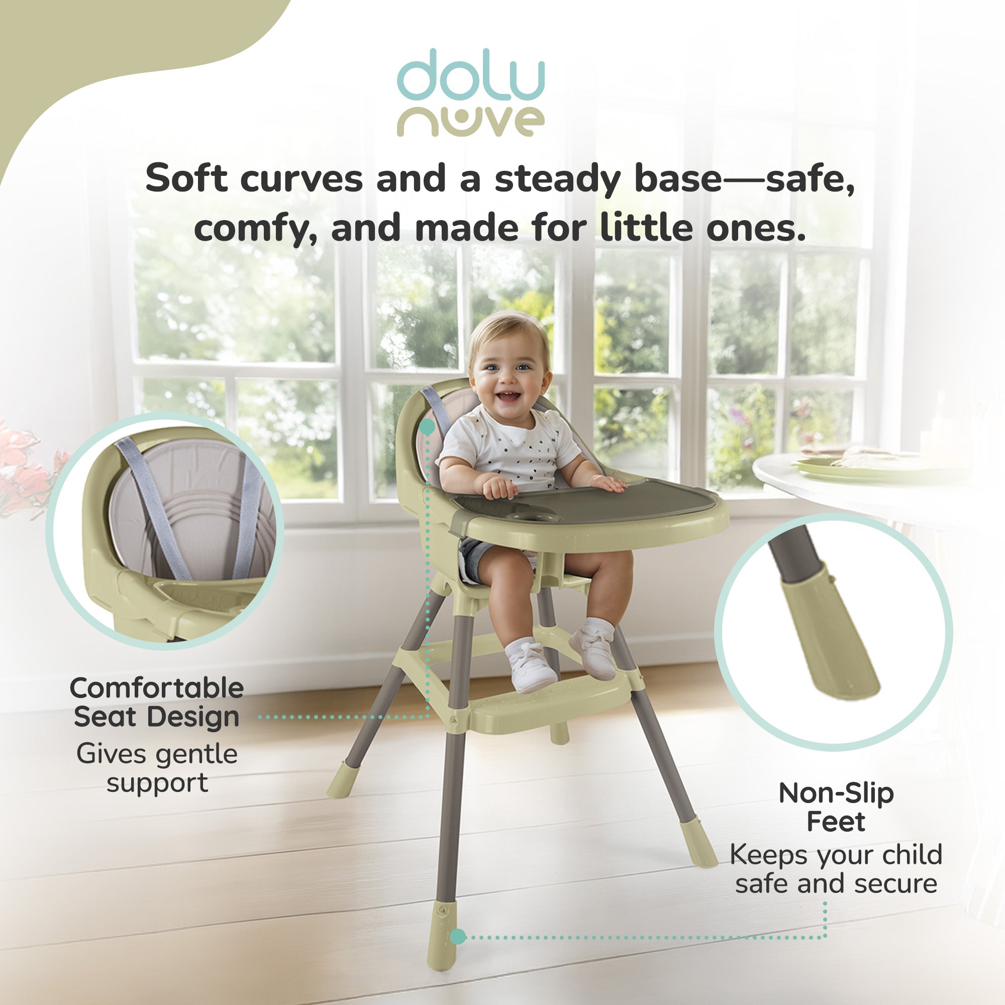 Dolu Nuve Deluxe High Chair for Babies 6+ Months w/ Removable Tray, Eco Green - VMInnovations