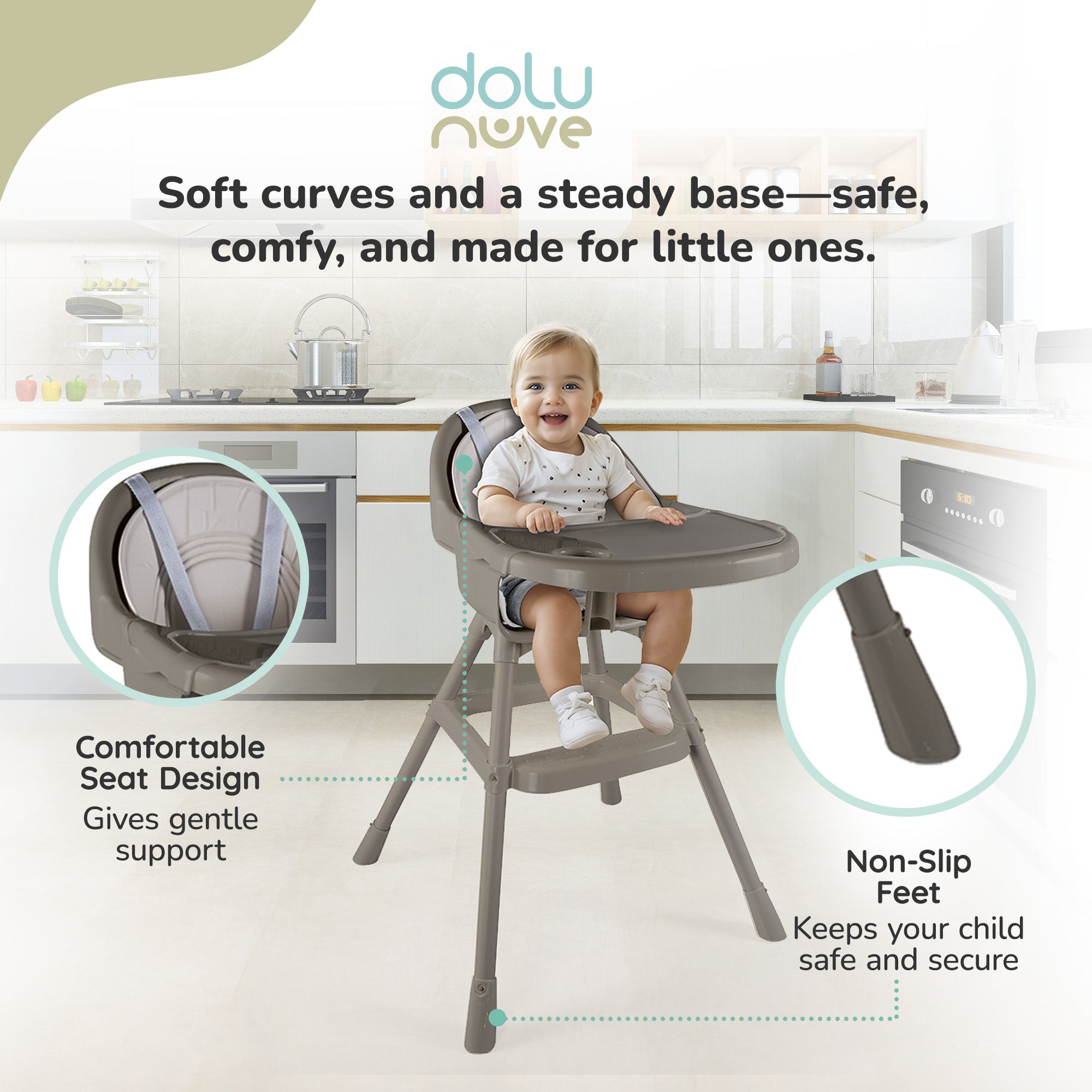Dolu Nuve Deluxe High Chair for Babies 6+ Months with Removable Tray, Stone Grey - VMInnovations