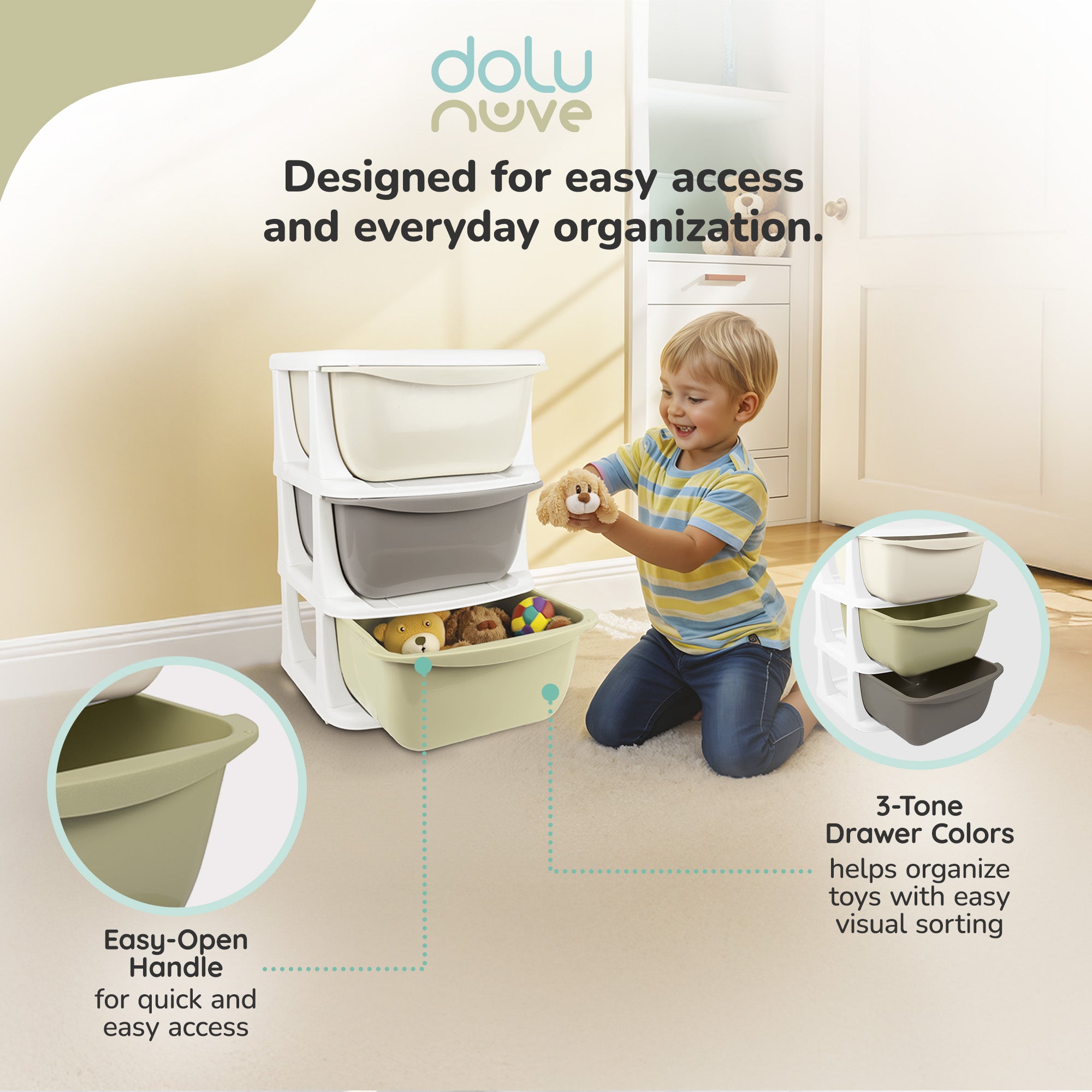 Dolu Nuve Kids 3-Tier Storage Unit with Drawers Plastic Organizer for Toys(Used) - VMInnovations