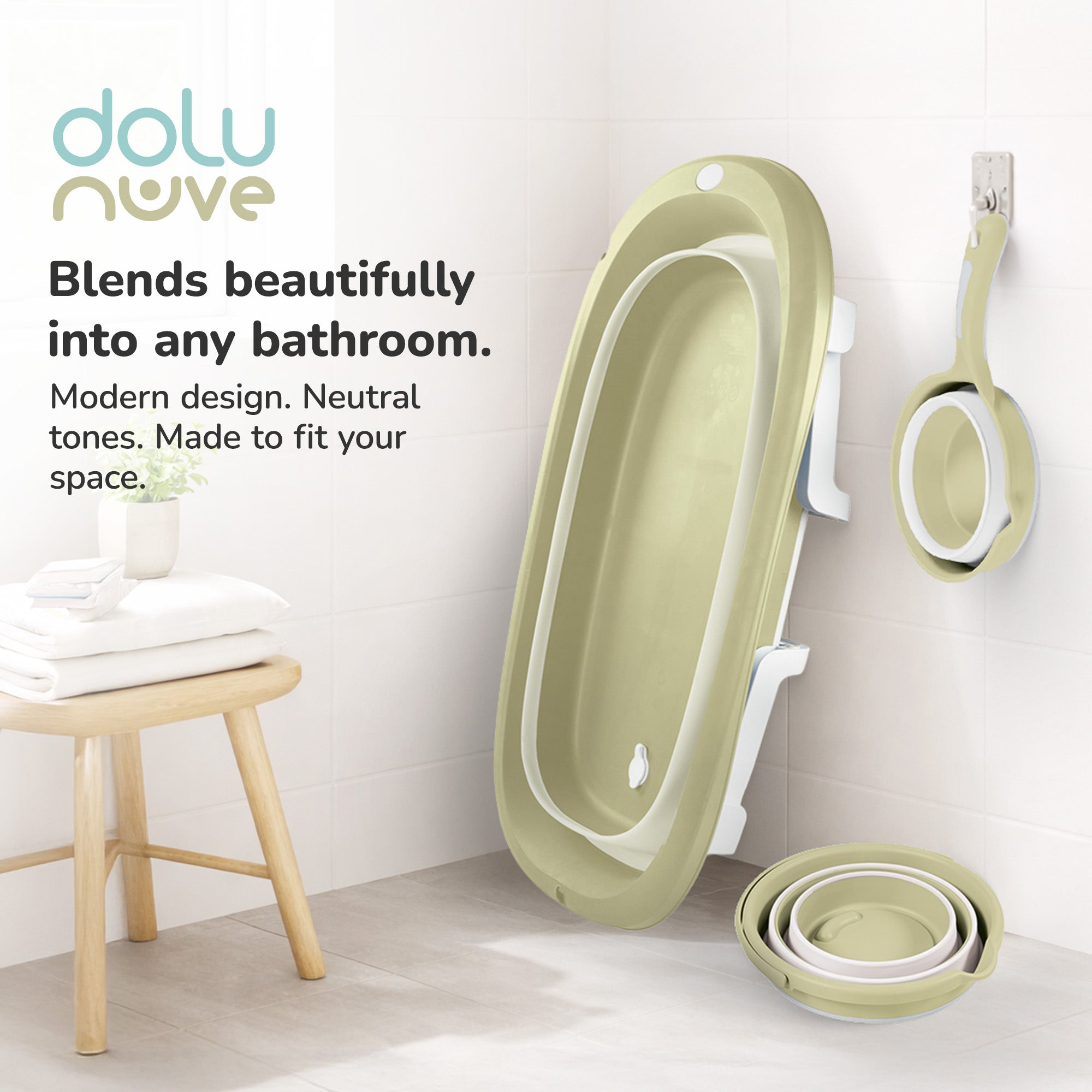 Dolu Nuve 3-Piece Foldable Baby Bath Set, Infant Tub, Bucket & Rinse Cup, Green - VMInnovations