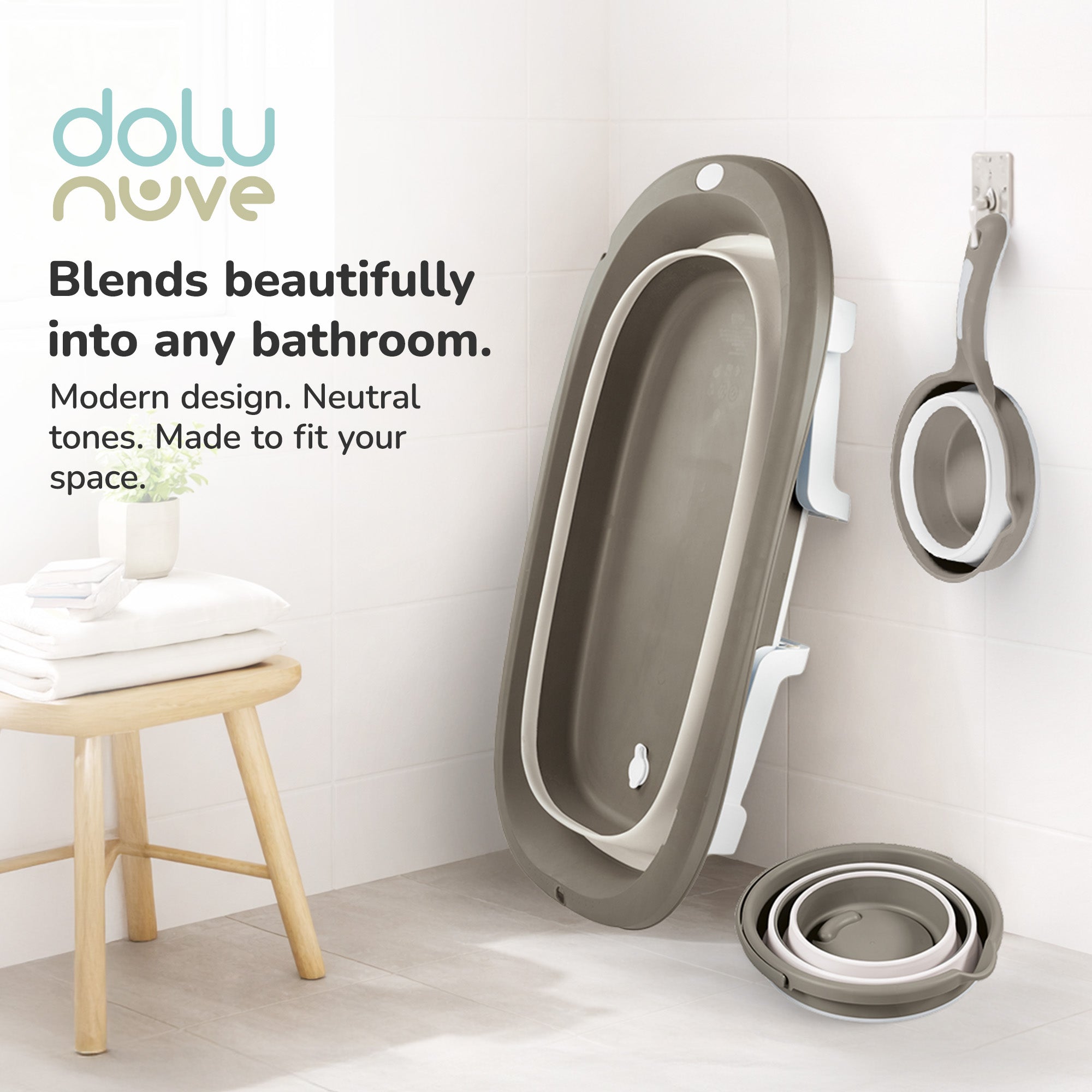 Dolu Nuve 3-Piece Foldable Baby Bath Set, Infant Tub, Bucket & Rinse Cup, Grey - VMInnovations