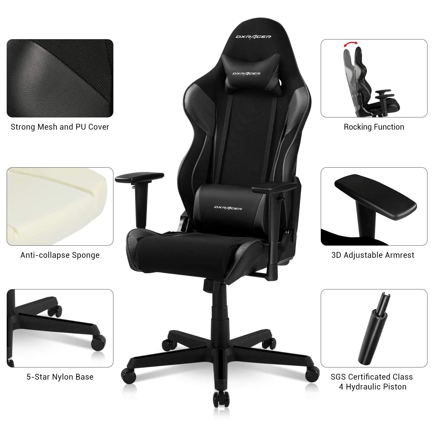 DXRacer Racing Ergonomic Reclining Home Office Desk Computer Gaming Chair, Black
