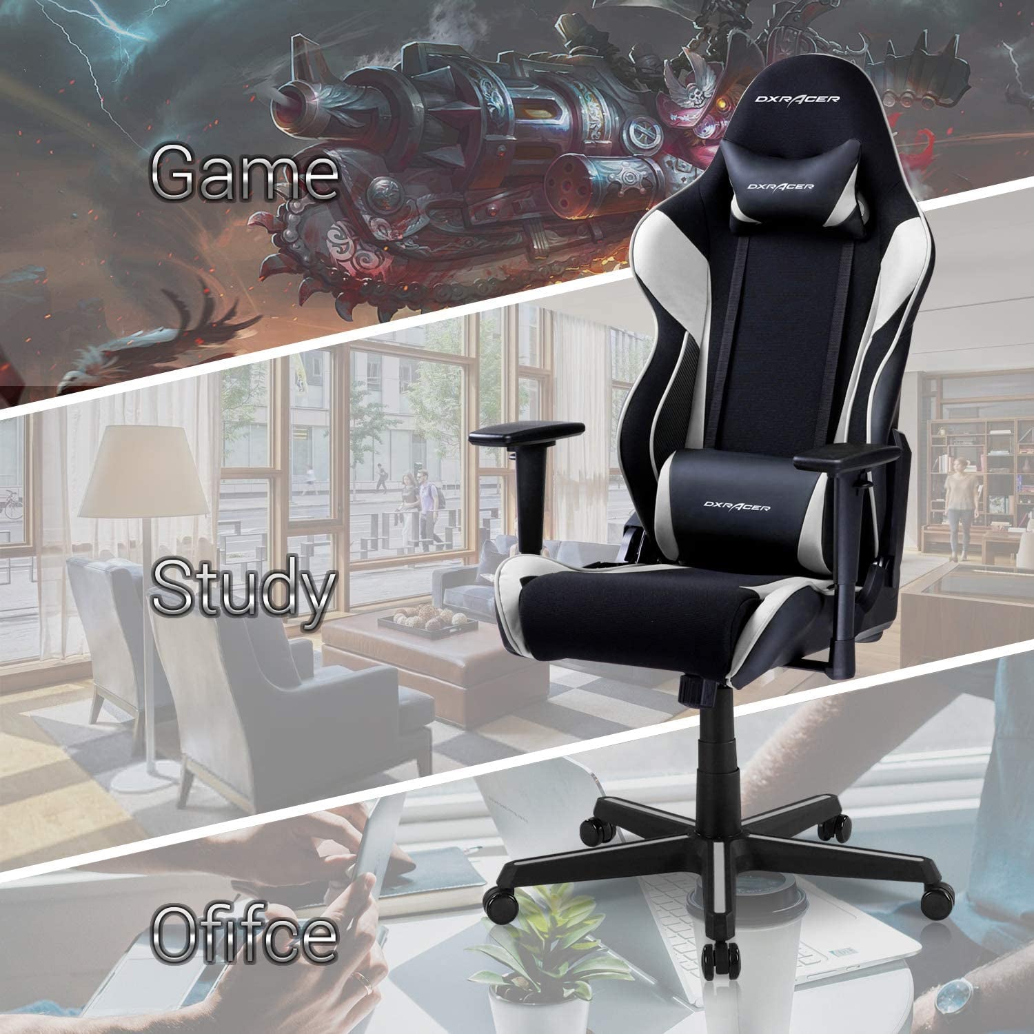 DXRacer Racing Ergonomic Home Office Desk Computer Gaming Chair, Black & White