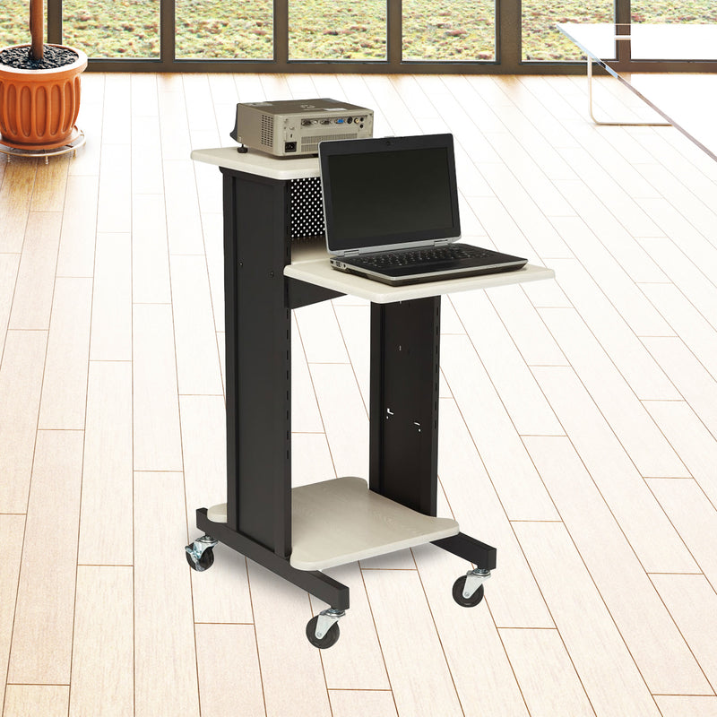 Oklahoma Sound Premium Wheeled Steel Presentation Cart with Shelves, Ivory/Black