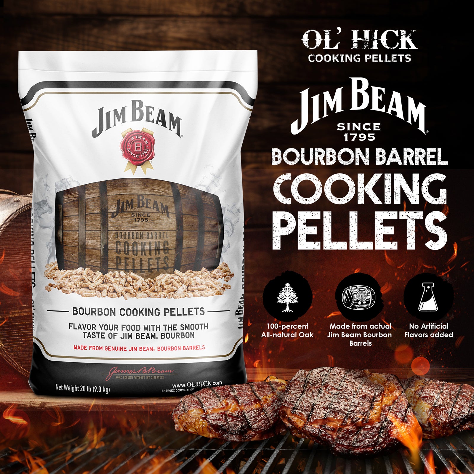 Jim Beam Bourbon Barrel Grilling and Smoker Oak Cooking Pellets, 20 Pound Bag - VMInnovations