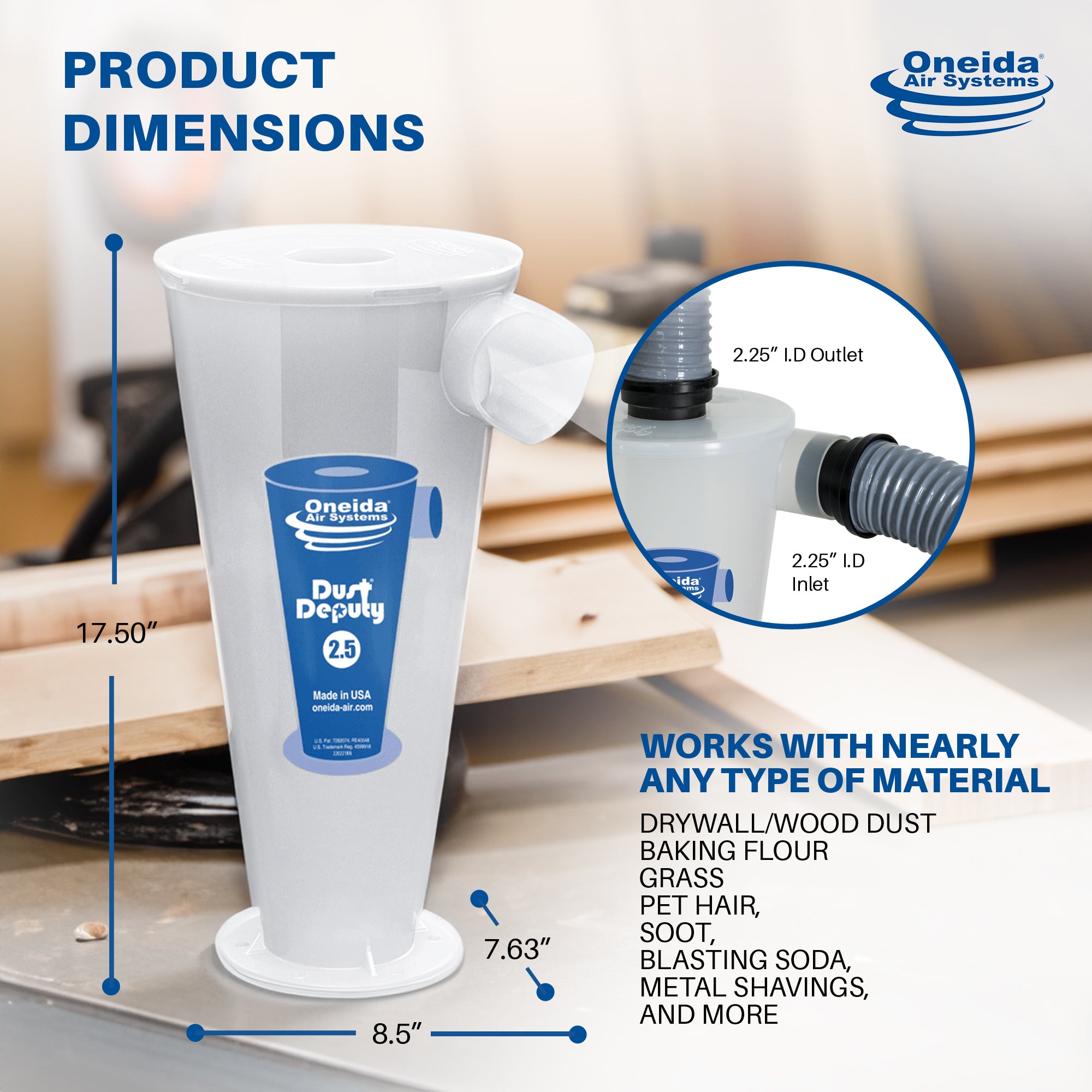 Oneida Air Systems Dust Deputy 2.5 Plus Anti-Static Cyclone Separator & Hose Kit - VMInnovations